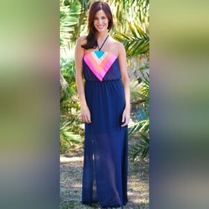 Jealous Tomato Halter Strapless Chiffon Slit Maxi Dress Navy Boho Size Small